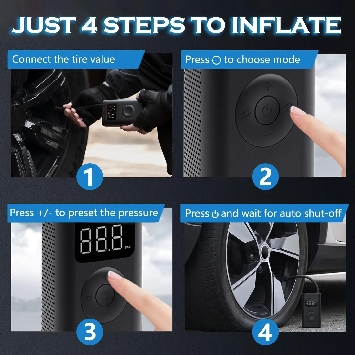 Tire Inflator Portable Air Compressor 150PSI Cordless Tire Inflator Air Pump for Car Tires with Tire Pressure Gauge,Cool Car Accessories,Smart Pump - Product Details