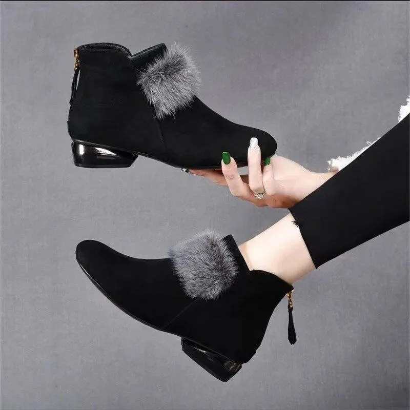 Plush Warm Snow Boots Low Heel Non-Slip Back Zipper Booties - Product Details