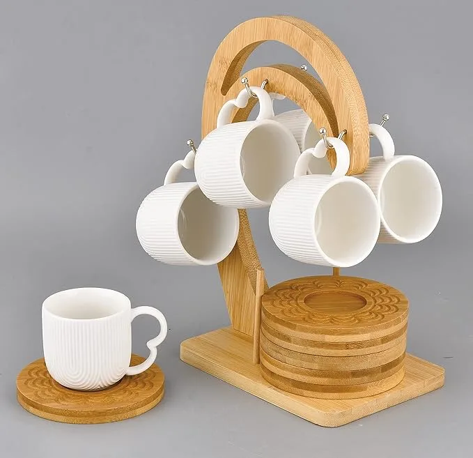 Bone China Shallow tea cup set & bamboo saucer with bamboo stand 90ml - Product Details