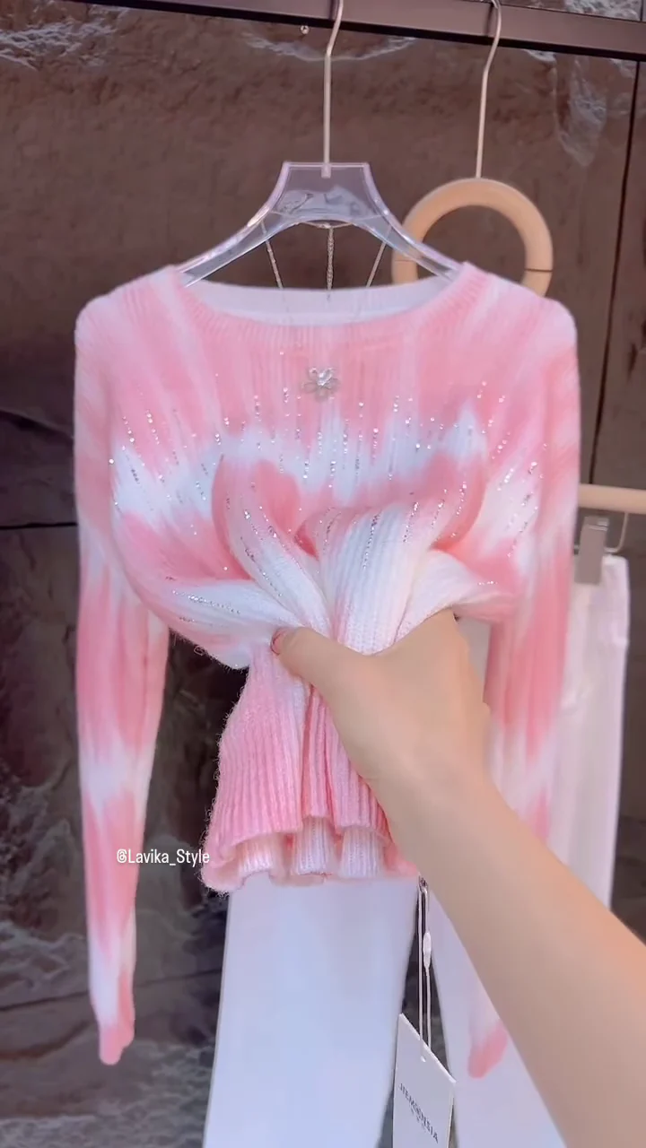 Pink & White Gradient Embellished Sweater – Soft Knit Casualwear for Women - Product Details