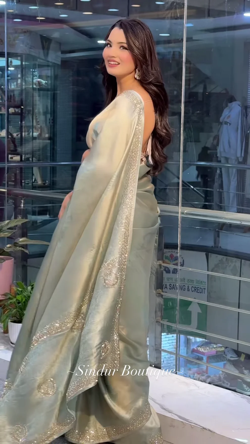 Elegant Sage Green Silk Saree with Sparkling Embellished Border - Product Details