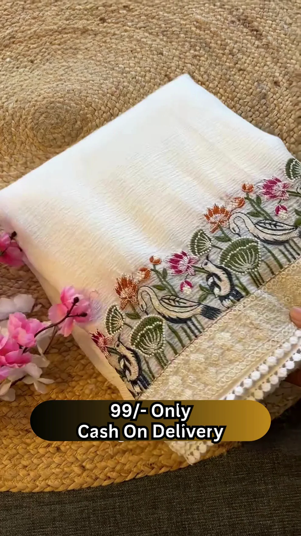 Elegant Off-White Saree with Floral and Bird Embroidered Border - Product Details